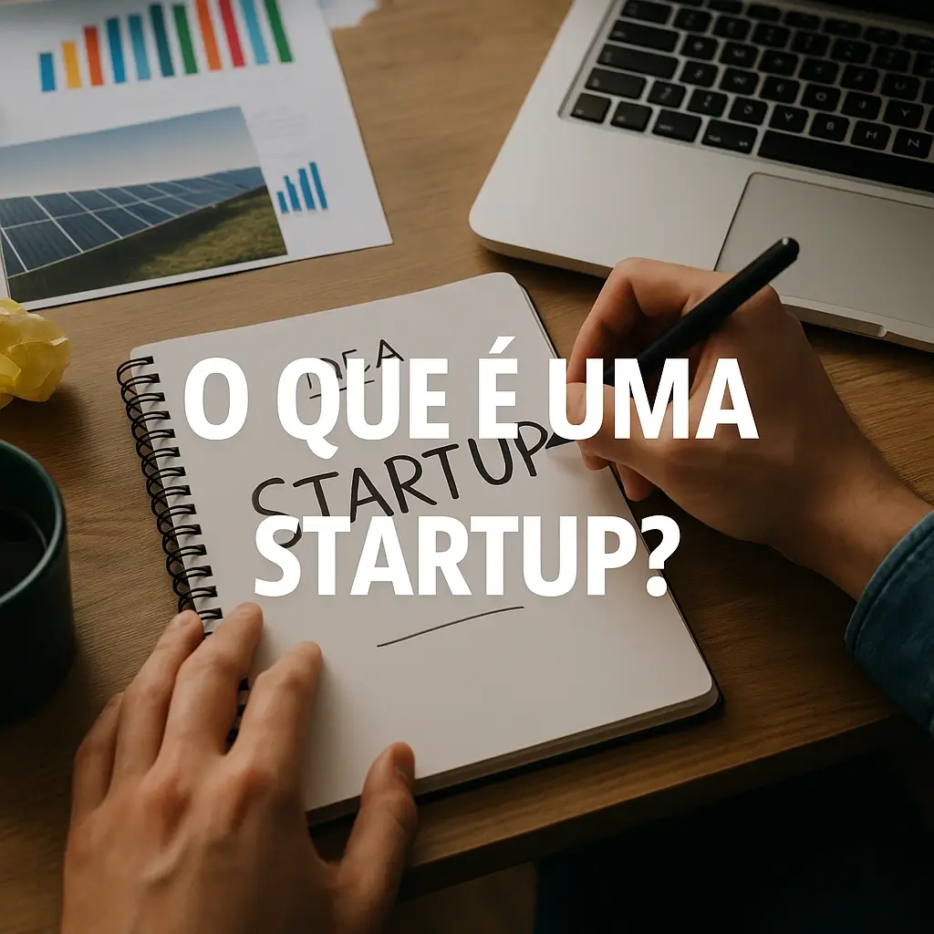 Pessoa a escrever "startup" num caderno sobre uma secretária com computador portátil, gráficos e caneca, com o texto “O QUE É UMA STARTUP?” ao centro da imagem.