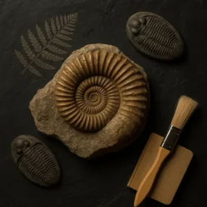 Fóssil de amonite ao centro com dois trilobites, impressão de folha de feto e ferramentas de paleontologia sobre ardósia escura, composição 1:1, para capa do artigo: o que são fósseis?
