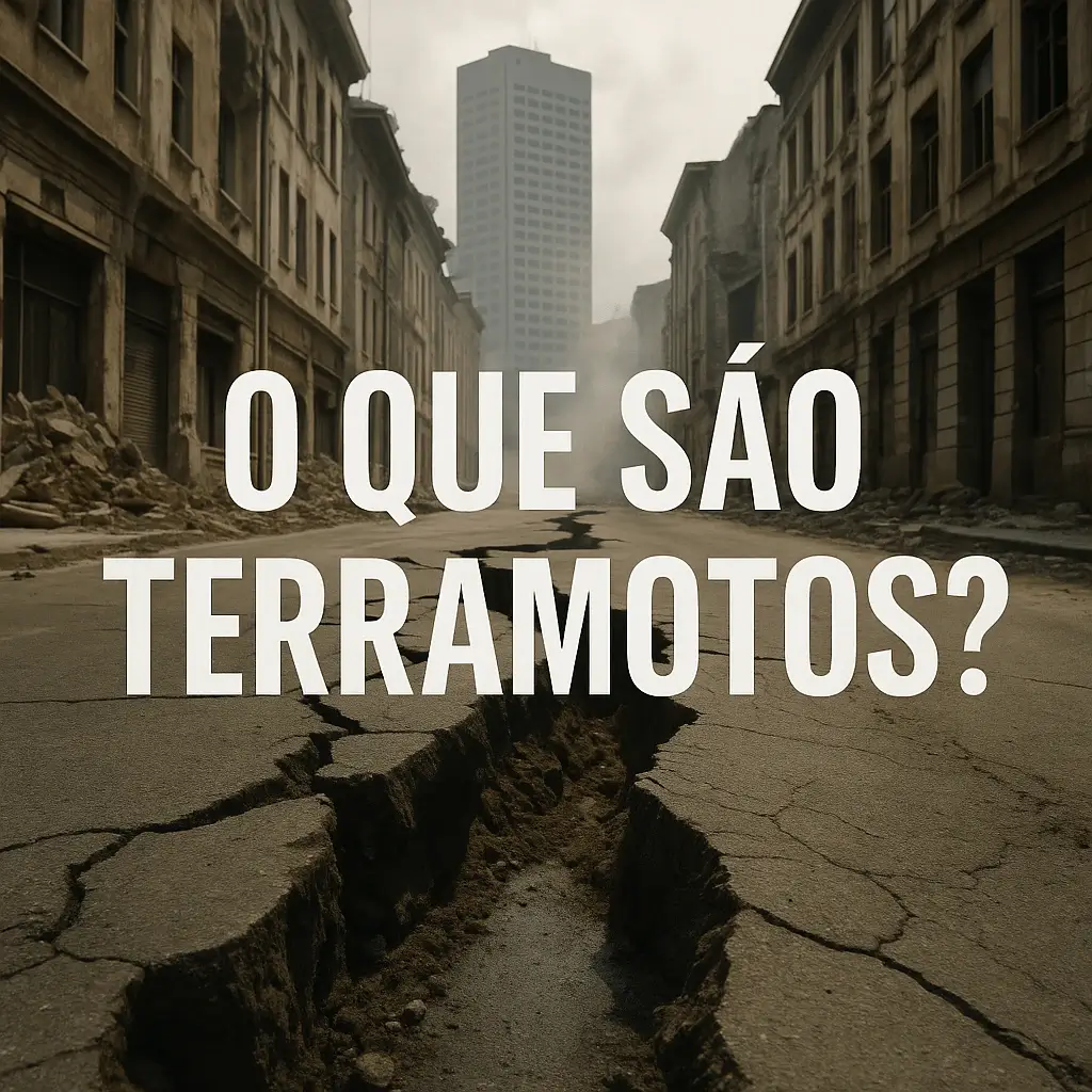 Imagem quadrada de rua destruída por terramoto, com grande fenda no asfalto e o texto “O QUE SÃO TERRAMOTOS?” ao centro.