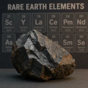 Rocha de terras raras em primeiro plano com tabela periódica ao fundo destacando elementos como neodímio e lantânio, capa do artigo. o que são terras raras.