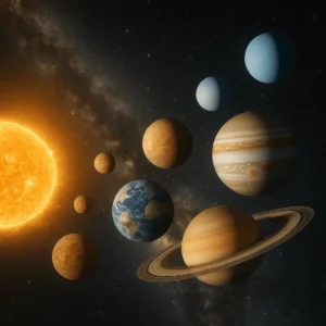 Sistema solar visto do espaço com o Sol à esquerda e os oito planetas alinhados em perspetiva, cores realistas e fundo estrelado