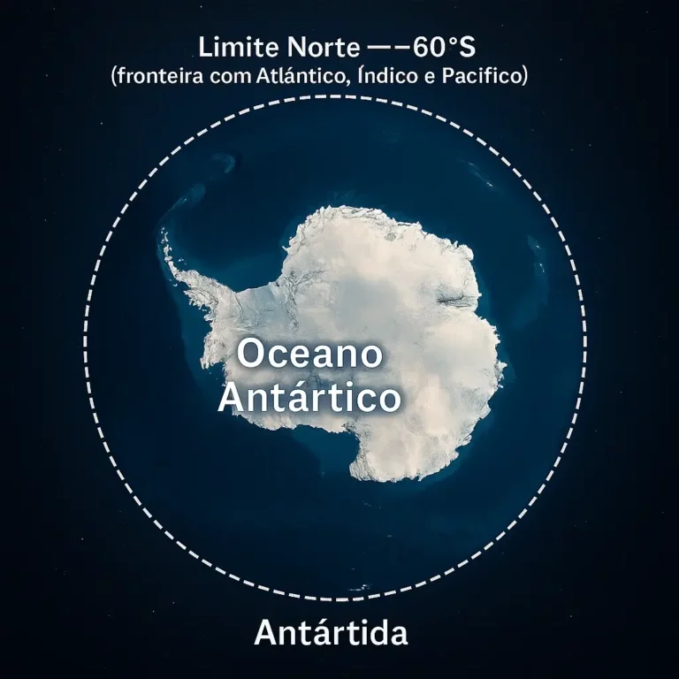 Vista de satélite da Antártida rodeada pelo Oceano Antártico, com um círculo tracejado a ~60°S a marcar o limite norte e rótulos ‘Oceano Antártico’ e ‘Antártida’.