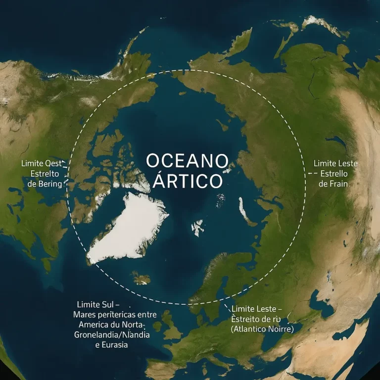 Vista de satélite do Oceano Ártico (perspetiva polar) com linha tracejada a delimitar o oceano; rótulos indicam Estreito de Bering a oeste, Estreito de Fram a leste e limites meridionais entre América do Norte, Groenlândia e Eurásia.