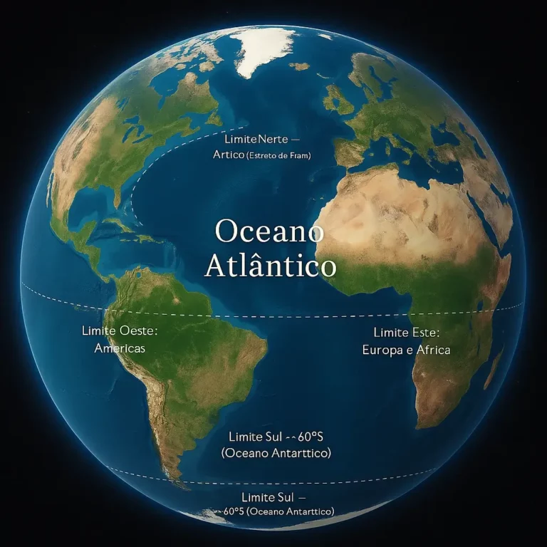 Vista de satélite do Oceano Atlântico com limites marcados: norte no Ártico (entre Gronelândia, Islândia e Svalbard), oeste nas Américas, leste na Europa e África, e sul ~60°S (Oceano Antártico).