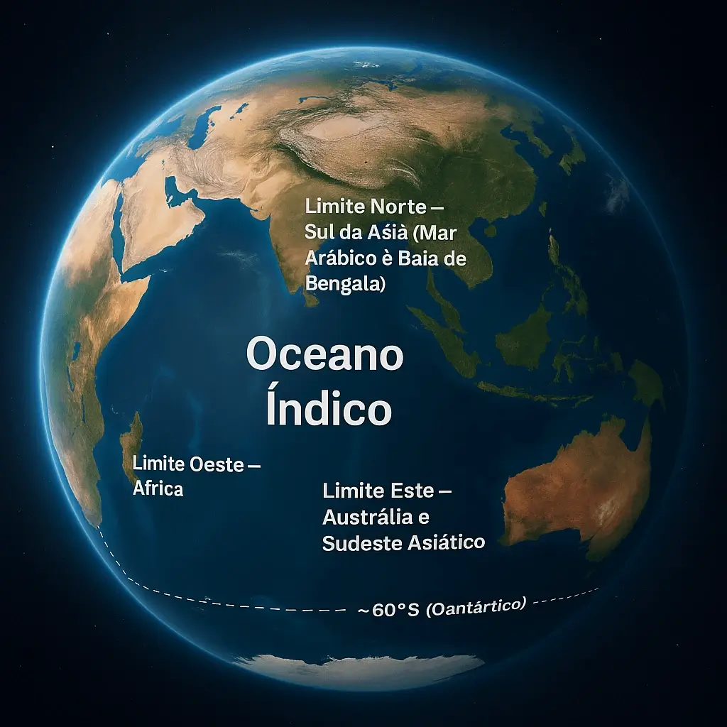Vista de satélite do Oceano Índico com limites tracejados e rótulos: África (oeste), Austrália e Sudeste Asiático (leste), sul da Ásia (norte — Mar Arábico e Baía de Bengala) e ~60°S em direção ao Oceano Antártico.