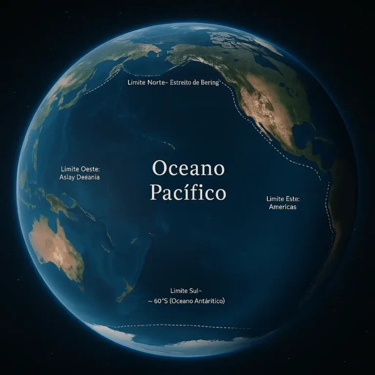 Vista de satélite do Oceano Pacífico com fronteiras marcadas por linhas tracejadas: norte no Estreito de Bering, leste nas Américas, oeste na Ásia/Oceânia e sul ~60°S (Oceano Antártico).
