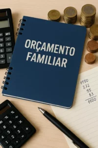 Imagem de cima de um cenário de planeamento financeiro, com um caderno azul marcado "ORÇAMENTO FAMILIAR", uma calculadora preta, moedas de euro e uma folha com registos escritos à mão, sobre uma mesa de madeira clara.