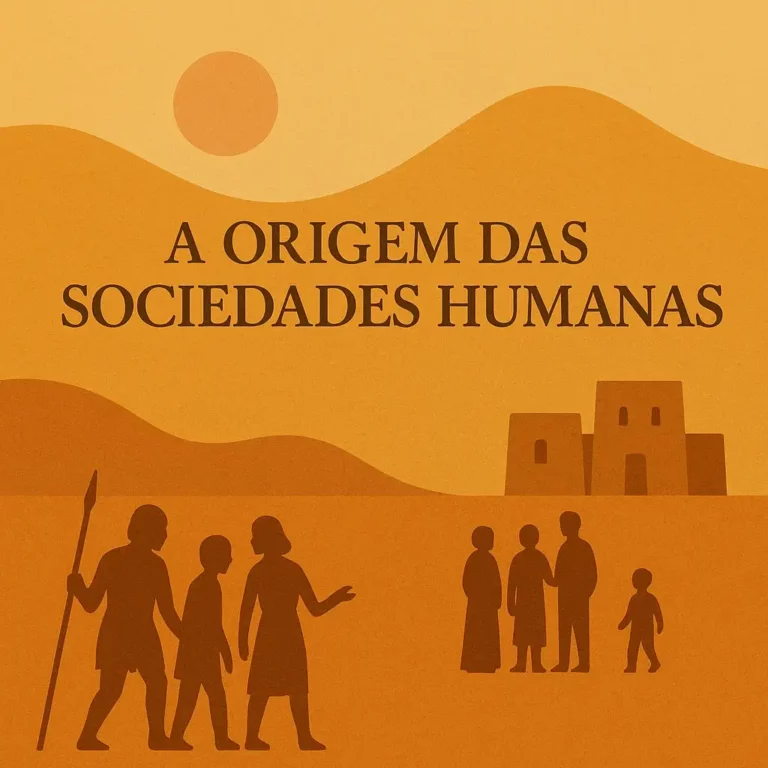 Capa ilustrada com o título “A Origem das Sociedades Humanas”, centrado sobre uma paisagem com figuras humanas em estilo minimalista, representando a evolução social desde a pré-história.