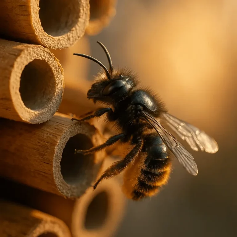 A importância das abelhas-masari (Osmia): close-up ultra-realista de uma abelha a sair de um hotel de abelhas em tubos de bambu.