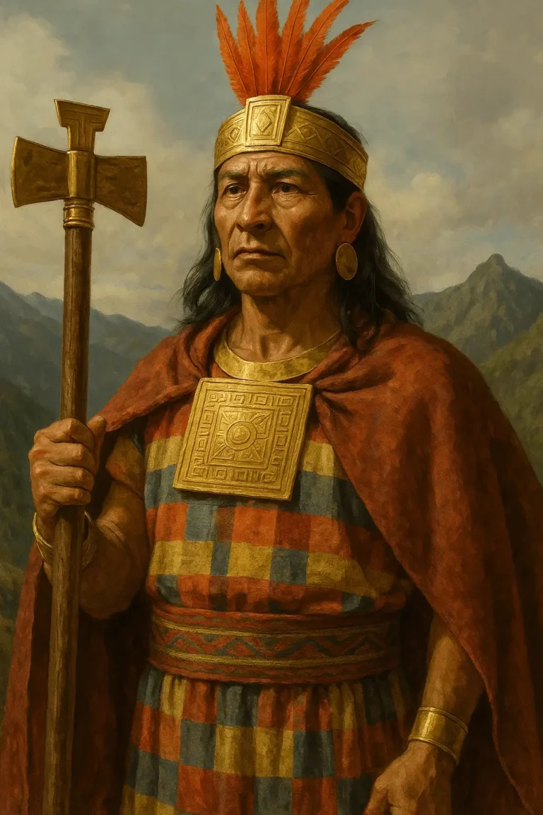 Retrato ultra-realista de Pachacútec, imperador do Império Inca, com traje tradicional, adorno dourado e montanhas dos Andes ao fundo.