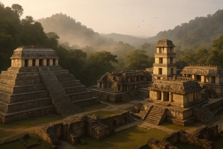 Ruínas da cidade maia de Palenque, no México, ao amanhecer, envoltas pela selva tropical — símbolo do apogeu da Civilização Maia.