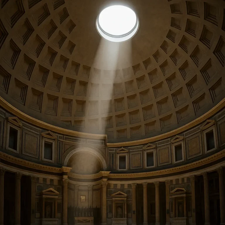 Interior do Panteão de Roma com feixe de luz a entrar pelo óculo, destacando a cúpula em caixotões do período do Império Romano.