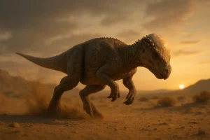 Paquicefalossauro fotorrealista de corpo inteiro, com cúpula craniana espessa e nódulos ósseos, a correr com a cabeça baixa numa paisagem árida ao pôr do sol.