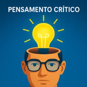 Ilustração de um rosto com óculos e uma lâmpada acesa a surgir da cabeça, simbolizando o pensamento crítico, sobre fundo azul com texto em destaque.