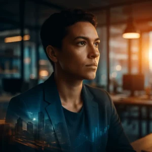 Jovem empresário com olhar determinado num escritório moderno, simbolizando o perfil empreendedor e a visão de liderança.