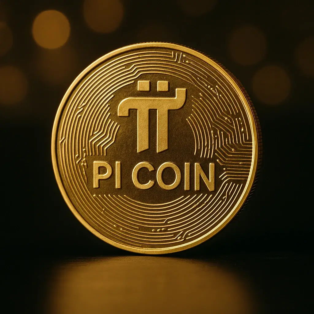 Moeda dourada com o logótipo da Pi Coin ao centro, iluminada sobre fundo escuro com efeito bokeh.