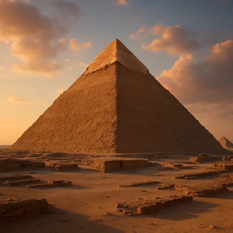 Imagem realista da Grande Pirâmide de Gizé, uma das 7 maravilhas do mundo antigo, com céu limpo e areia dourada ao redor do monumento.