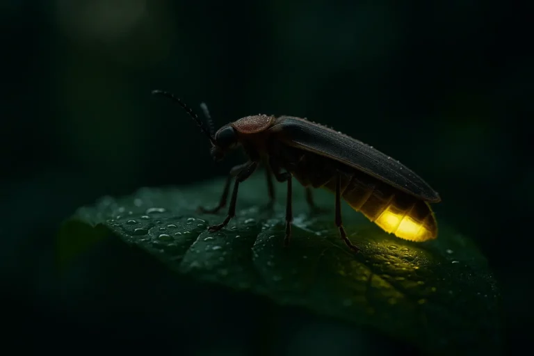 Pirilampo (Lampyridae) com abdómen bioluminescente sobre folha com orvalho ao anoitecer, fundo escuro desfocado.