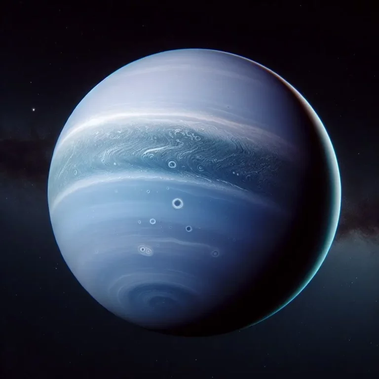 Imagem científica e realista do planeta Netuno, mostrando sua atmosfera azul profunda e tempestades visíveis. A imagem destaca a Grande Mancha Escura e as características atmosféricas dinâmicas de Neptuno