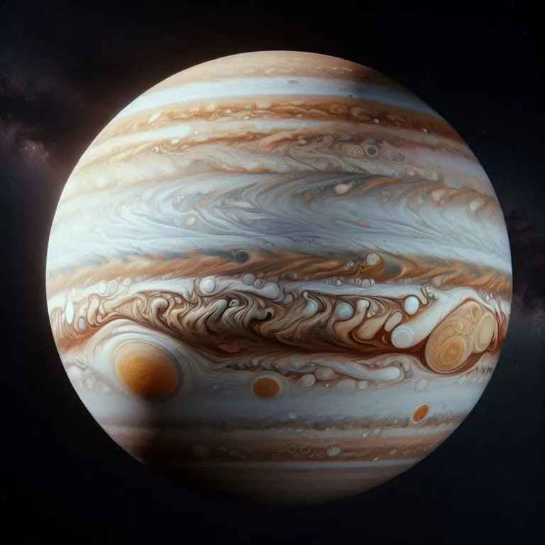 Imagem científica e realista do planeta Júpiter, mostrando suas faixas de nuvens coloridas e a Grande Mancha Vermelha. A imagem destaca a atmosfera turbulenta e as características distintas do maior planeta do Sistema Solar.
