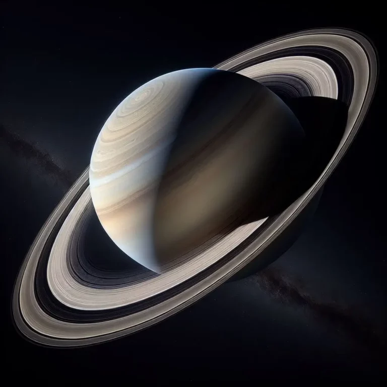 Imagem científica e realista do planeta Saturno, mostrando seus anéis icônicos e a atmosfera com faixas de nuvens. A imagem destaca a beleza e a complexidade do sistema de anéis de Saturno.