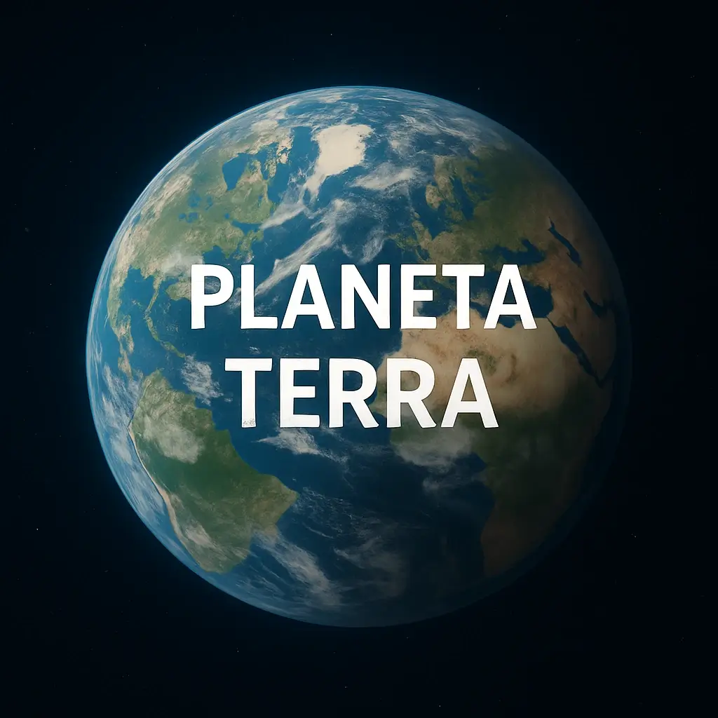 Imagem do planeta Terra visto do espaço, com o texto "PLANETA TERRA" em destaque ao centro, mostrando continentes, oceanos e nuvens sobre o fundo negro do cosmos.