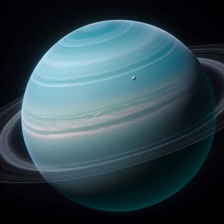 Imagem científica e realista do planeta Urano, mostrando sua atmosfera azulada e uniforme. A imagem destaca a inclinação axial única de Urano e suas características atmosféricas distintas.