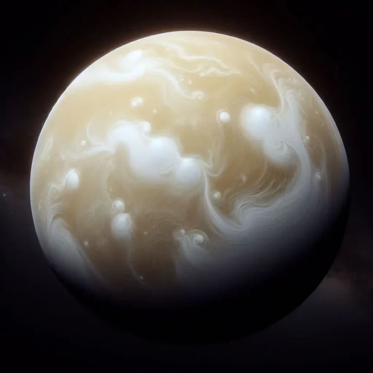 Imagem científica e realista de Vênus, mostrando sua atmosfera densa e turbulenta. A superfície do planeta é obscurecida por nuvens espessas de ácido sulfúrico, destacando o ambiente extremo e hostil de Vénus.