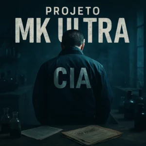 Imagem sombria com figura encapuzada em fundo escuro e texto em destaque “Projeto MK Ultra: O Segredo da CIA Revelado”, simbolizando o mistério e a natureza clandestina do programa de controle mental da CIA.