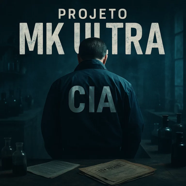 Imagem sombria com figura encapuzada em fundo escuro e texto em destaque “Projeto MK Ultra: O Segredo da CIA Revelado”, simbolizando o mistério e a natureza clandestina do programa de controle mental da CIA.