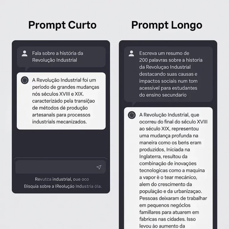 Comparação visual entre dois exemplos de prompts: à esquerda um prompt curto e vago com resposta genérica; à direita um prompt longo e detalhado com resposta estruturada sobre a Revolução Industrial.