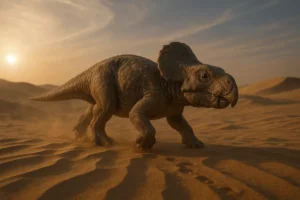 Protoceratops fotorrealista de corpo inteiro, pequeno ceratopsídeo sem cornos longos, com gola óssea curta e bico em forma de papagaio, caminhando nas dunas do deserto de Gobi ao entardecer.