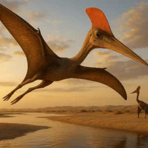 Quetzalcoatlus fotorrealista em voo sobre leito de rio no deserto ao pôr do sol, asas gigantes estendidas, pescoço longo e crista laranja; outro indivíduo pousado ao fundo.