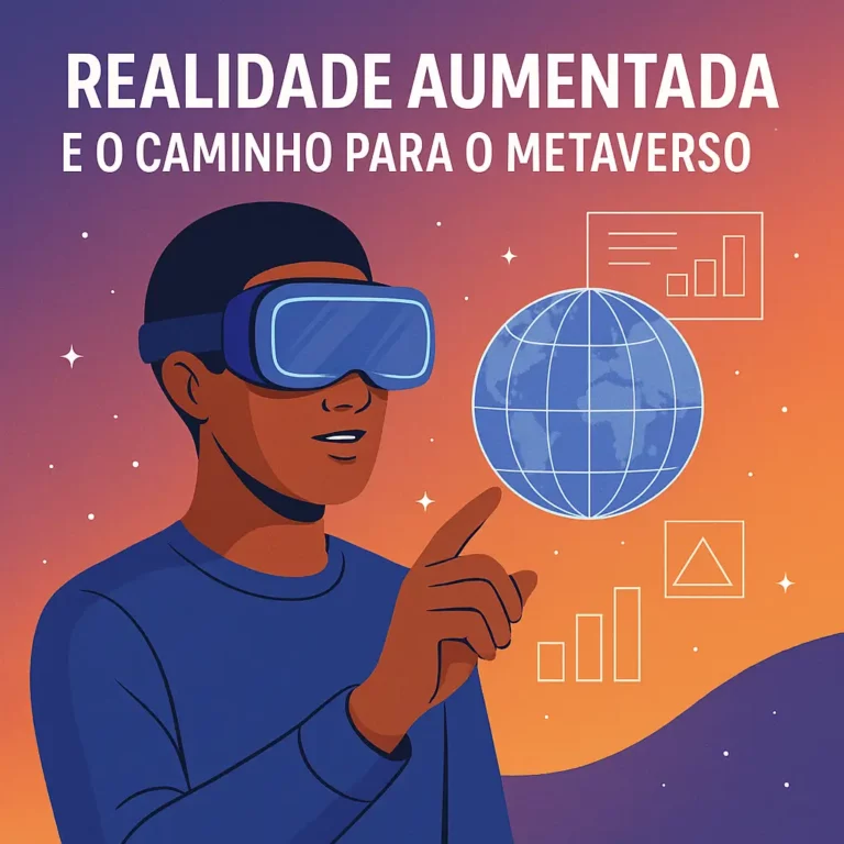 Jovem imerso em realidade aumentada, interagindo com um globo 3D holográfico enquanto usa um headset, com fundo vibrante e frase sobre o metaverso.
