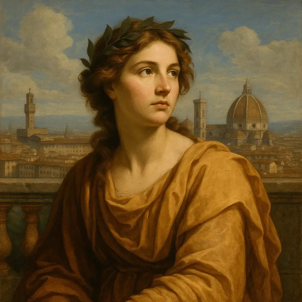 Retrato ultra-realista inspirado no Renascimento, mostrando uma jovem com laurel e fundo da cidade de Florença ao estilo clássico renascentista.