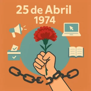 Mão a segurar um cravo vermelho, símbolo da revolução dos cravos, com ícones que representam liberdade, democracia e literacia digital.