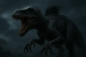 Scorpios rex ultra realista em 4:3, pele negra rugosa, espinhos/quills dorsais pronunciados, olhos amarelos e rugido sob céu escuro.