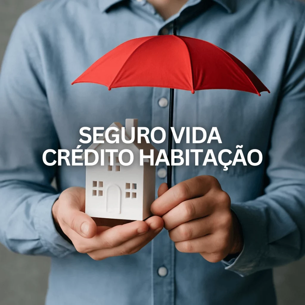 Pessoa segura uma casa em miniatura e um guarda-chuva vermelho, representando proteção no contexto de Seguro Vida Crédito Habitação.