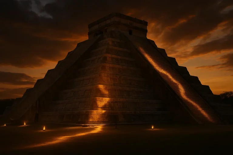 Civilização Maia: “serpente de luz” em Kukulcán, Chichén Itzá, ao pôr do sol, sombra ondulante nos degraus em formato horizontal.