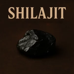 Capa visual com a palavra “Shilajit” em destaque sobre fundo escuro, acompanhada de uma amostra realista da resina negra em textura brilhante.