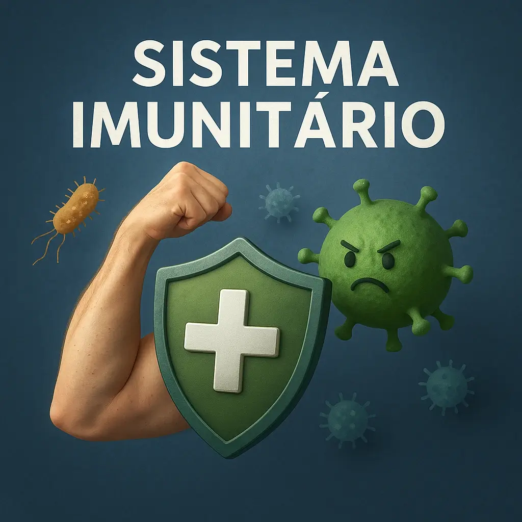 Ilustração realista de um braço musculado com escudo verde e cruz branca a simbolizar a defesa do sistema imunitário contra vírus e bactérias em fundo azul.