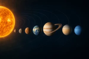 Ilustração digital do sistema solar com os planetas alinhados em ordem de distância ao Sol, sobre um fundo estrelado do espaço, com detalhes visuais distintos para cada planeta.