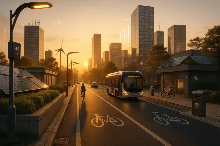 Cidade inteligente ao pôr do sol com painéis solares, telhados verdes, poste inteligente, ciclovia, autocarro elétrico e turbinas ao fundo — infraestrutura urbana sustentável.