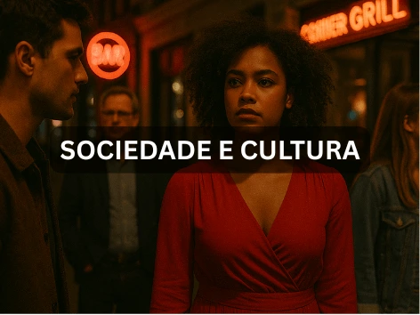 Pessoas interagem numa rua iluminada por luzes de néon à noite.