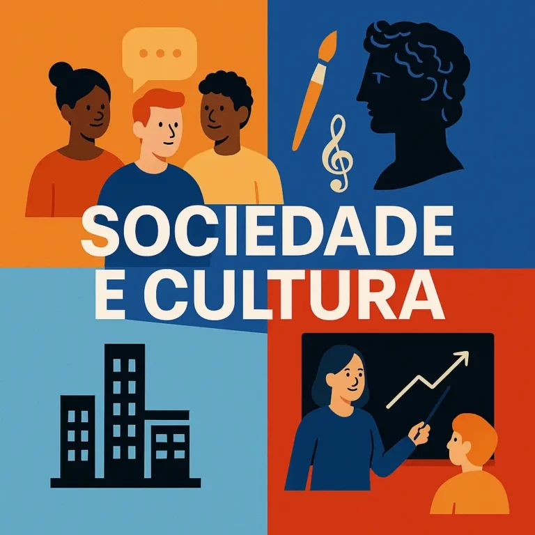 Ilustração quadrada dividida em quatro quadrantes com elementos culturais: pessoas diversas, símbolos artísticos, cidade moderna e sala de aula com professora e aluno.