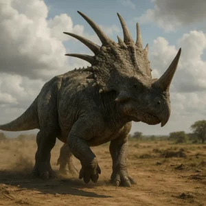Styracosaurus fotorrealista de corpo inteiro, com grande chifre nasal e espinhos longos na gola, avançando por planície poeirenta ao entardecer.