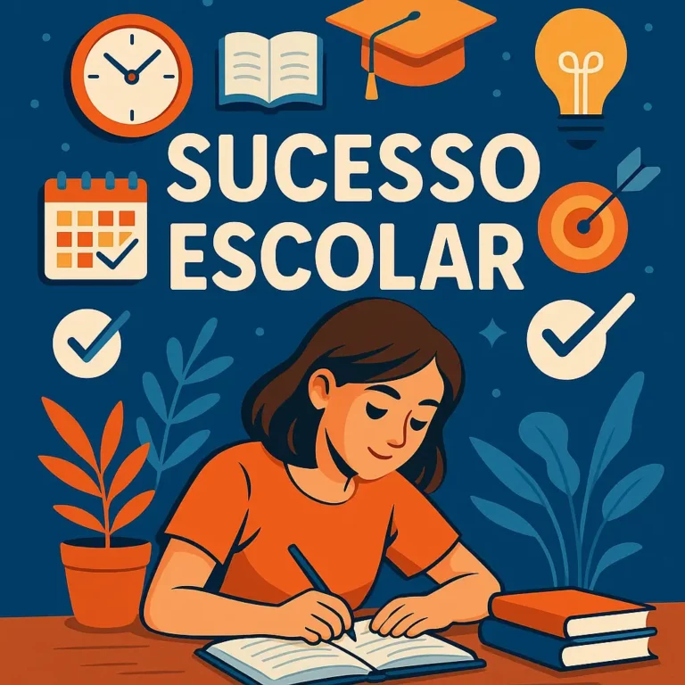 Ilustração digital vibrante com o tema "Sucesso Escolar", mostrando uma jovem concentrada a estudar, rodeada por ícones de livros, relógio, lâmpada e chapéu de graduação, simbolizando hábitos de estudo e realização académica.