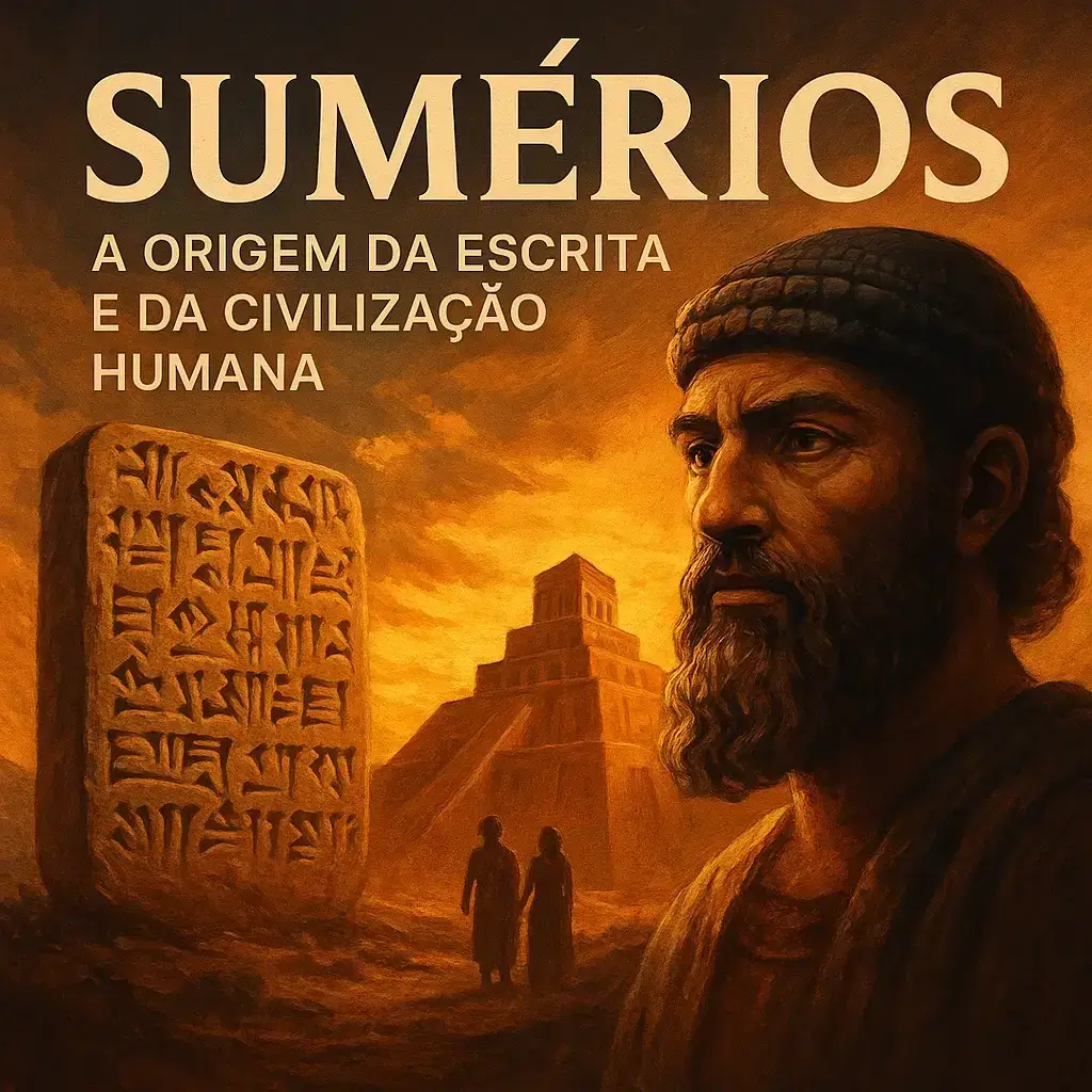 Ilustração digital de um homem sumério ao pôr do sol, com uma tábua de argila com escrita cuneiforme, dois zigurates ao fundo e o título “Sumérios: A Origem da Escrita e da Civilização Humana”.