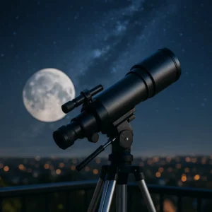 Telescópio para iniciantes em tripé numa varanda, apontado ao céu noturno com a Lua e a Via Láctea ao fundo (formato 1:1).