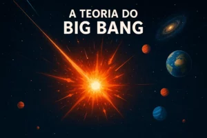 Ilustração digital representando a teoria do Big Bang, com uma explosão cósmica colorida a expandir-se no espaço, simbolizando a origem do universo.